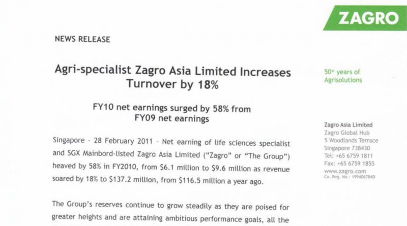 Agri-specialist Zagro Asia Limited Increases Turnover by 18%